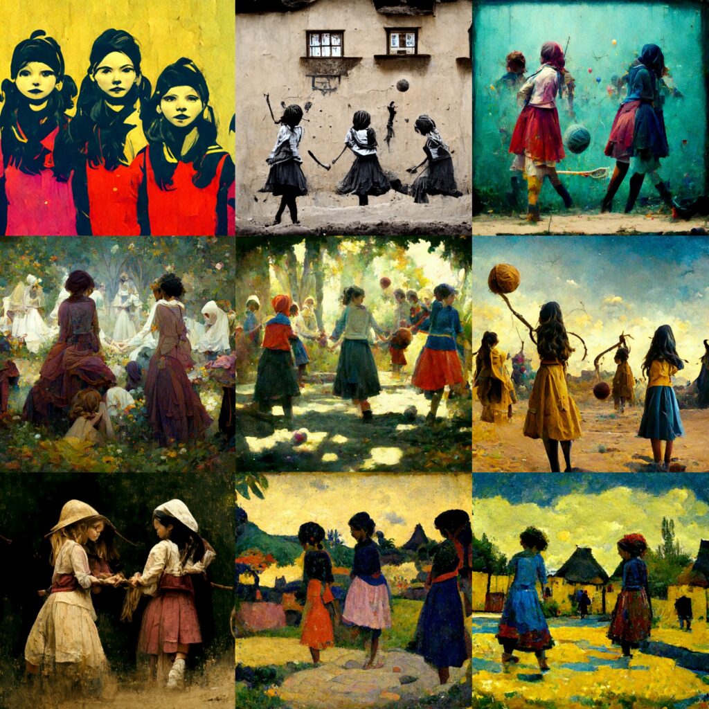Hrající se dívky na vesnice ve stylu známých malířů podle Midjourney I LCC