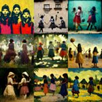 Hrající se dívky na vesnice ve stylu známých malířů podle Midjourney I LCC