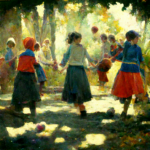 Dívky hrající si na vesnici ve stylu Josefa Lady podle Midjourney I LCC