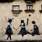 Hrající se dívky na vesnice ve stylu známých malířů podle Banksyho I LCC