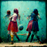 Hrající se dívky na vesnice ve stylu známých malířů podle Damiena Hirsta I LCC