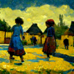 Dívky hrající si na vesnici ve stylu Van Gogha podle Midjourney I LCC
